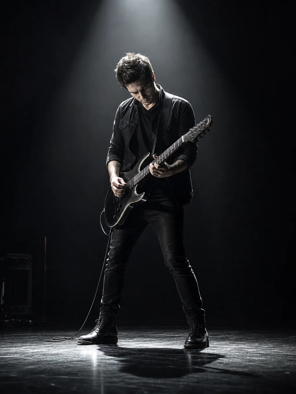 Yoğun sahne spotları altında solo performans sergileyen elektro gitarist