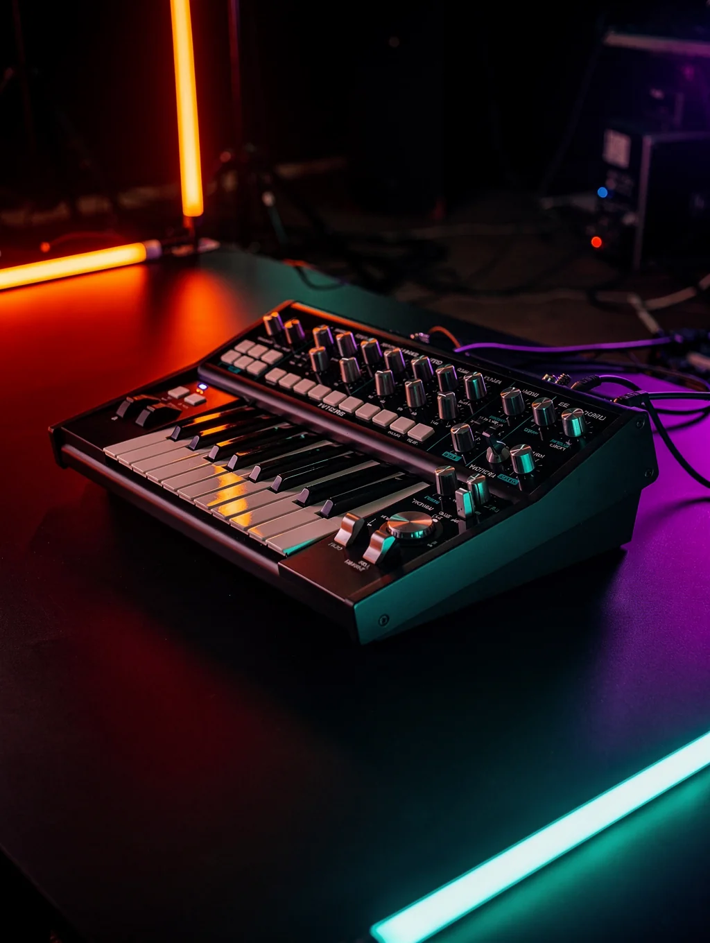 Neon ışıklar ve analog sentezleyiciler başında klavye çalan müzisyen